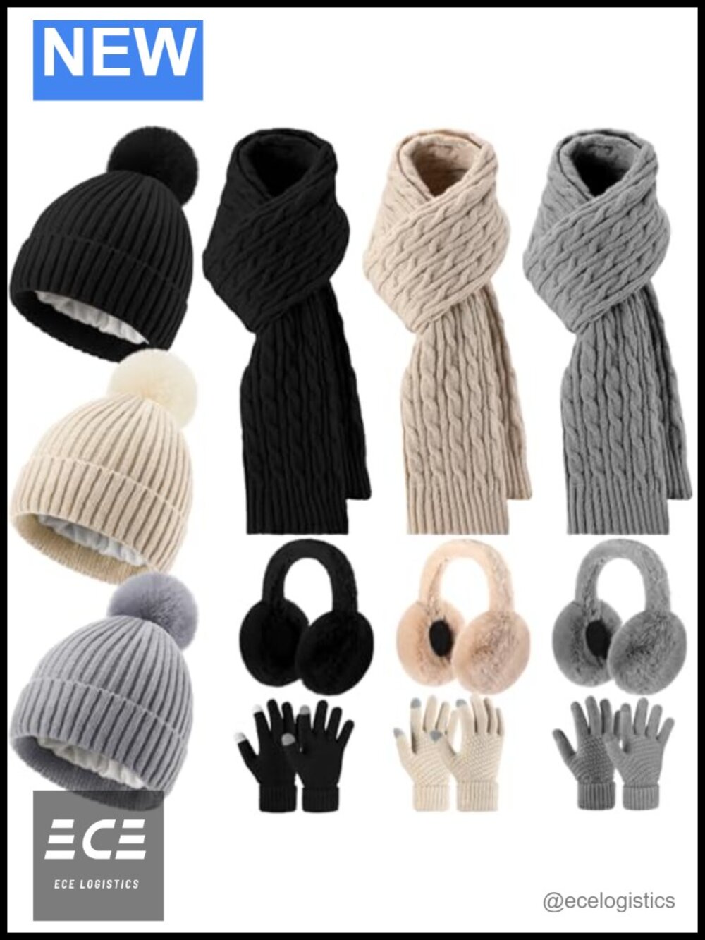 12 Pc Winter Warm Set Fleece Lined Hats Scarves Earmuffs Touchscreen Gloves